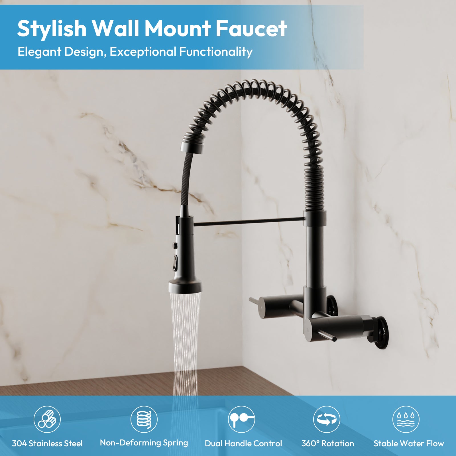 Besdor Wall Mount Kitchen Faucet with Pull Down Sprayer, Stainless Steel, Matte Black